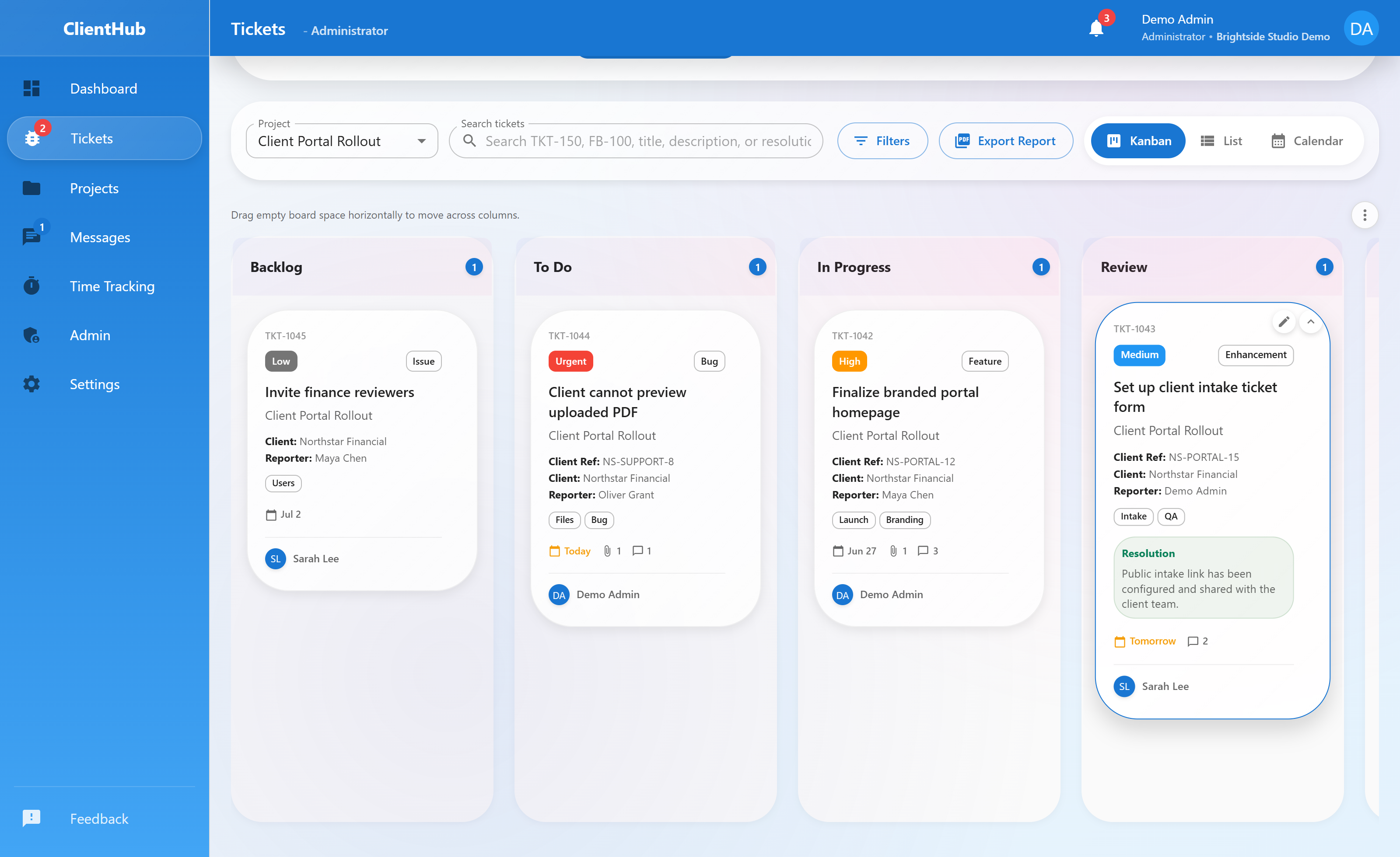 ClientHub Kanban board showing client project tickets organized across Backlog, To Do, In Progress, Review, and Done columns